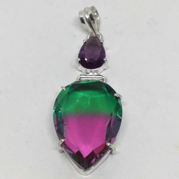 BiColour Tourmaline and Amethyst Silver Pendant - Picture 1 of 1